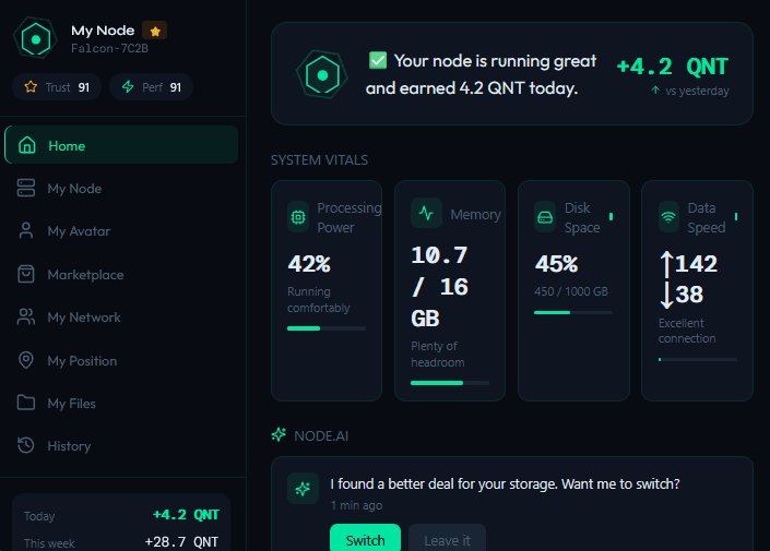 NodeAI dashboard: your personal node earns QNT passively while the built-in AI assistant proactively optimizes your setup. Here suggesting a better storage deal in real time.