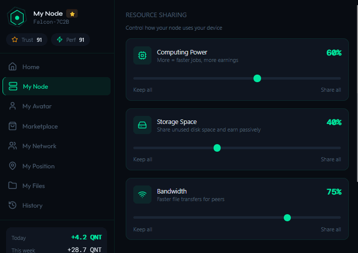 Resource Sharing controls: decide exactly how much of your computing power, storage space and bandwidth you share with the network and earn accordingly.