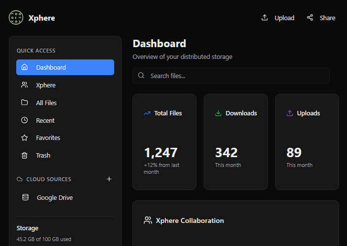 XPhere Cloud Manager: connect your existing Google Drive and track storage allocation in real time, without surrendering ownership of a single byte.