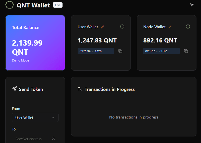 QNT Wallet dashboard: manage your Total Balance, User Wallet and Node Wallet in one sovereign, self-custodied overview. No bank required.